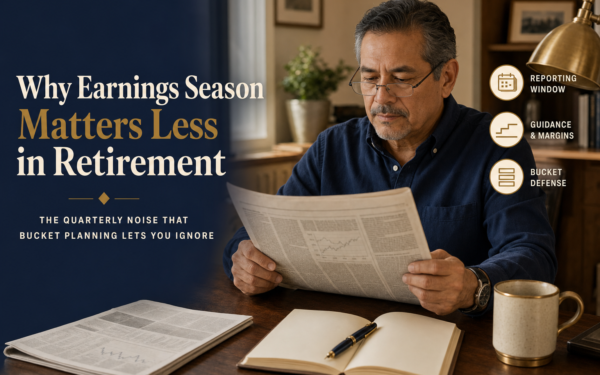 Editorial title card: Why Earnings Season Matters Less in Retirement. Latino man in his early 60s at a sunlit home-office desk reading a folded financial newspaper section.