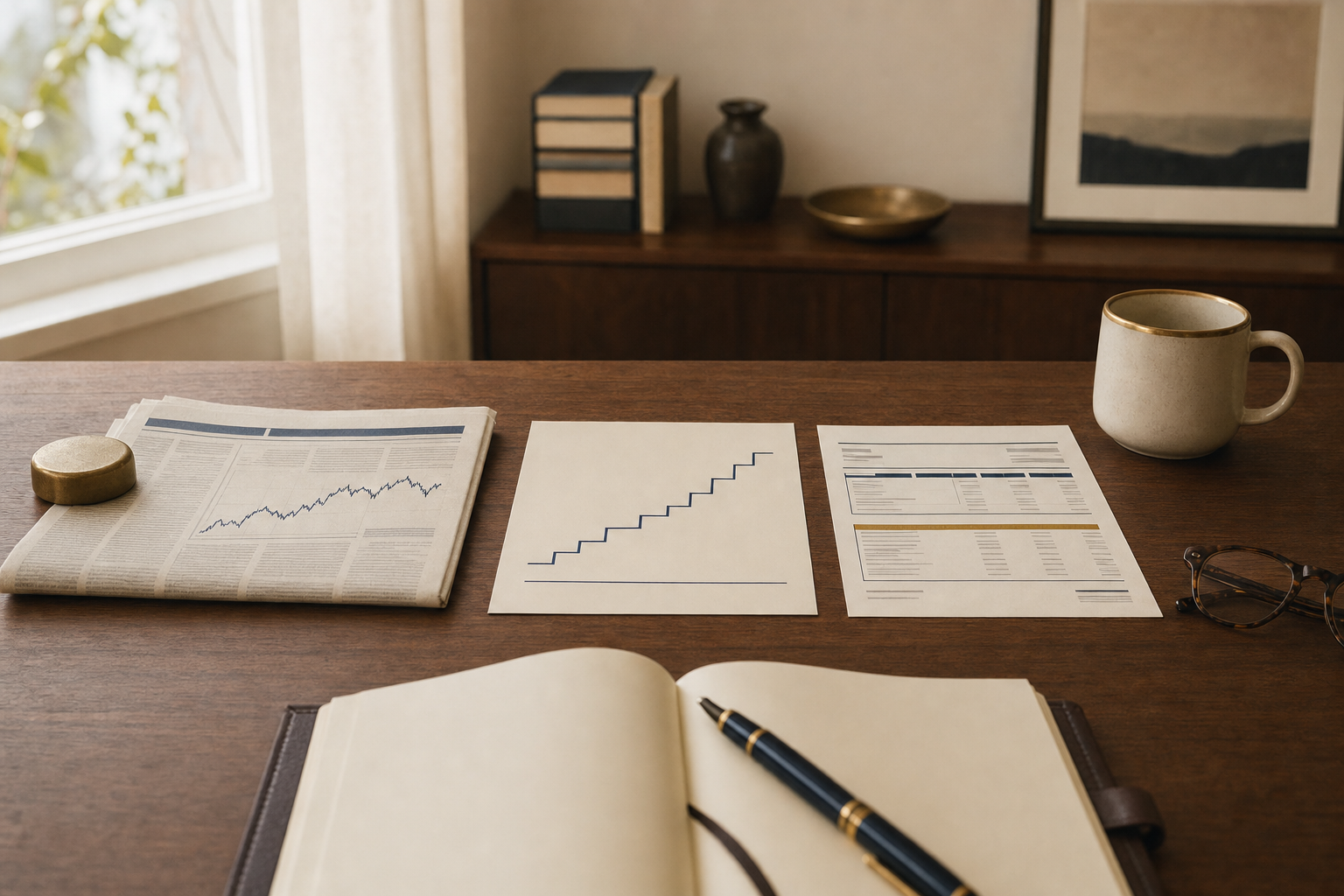 Why Earnings Season Matters Less in Retirement 2 Editorial still-life: three measured signals from earnings season laid across a warm walnut desk in soft morning light.