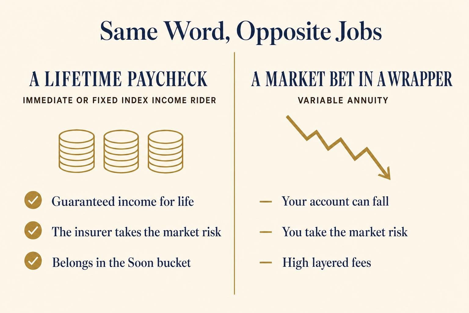 Annuities, Explained: The Four Types and What Each Is For 2 Comparison titled Same Word, Opposite Jobs: a lifetime paycheck from an immediate or fixed index income-rider annuity, versus a market bet in a wrapper — a variable annuity.
