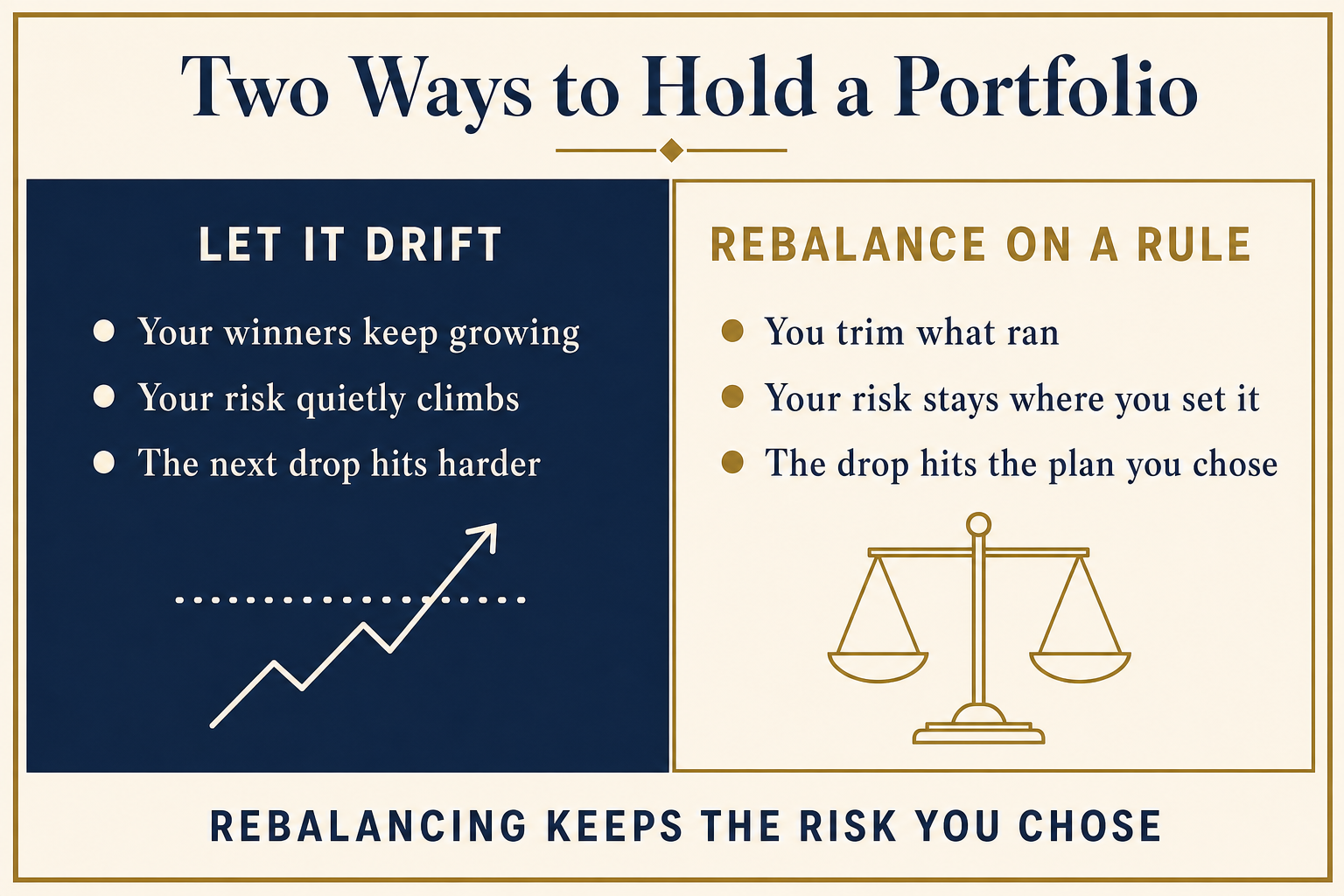 Rebalancing: Why Selling Your Winners Is the Point 2 Two columns comparing letting a portfolio drift versus rebalancing on a rule: drift lets risk climb and the next drop hit harder, while a rule keeps risk where you set it