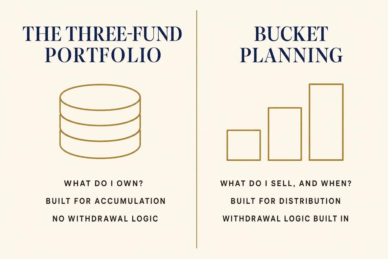 Side-by-side comparison. The three-fund portfolio answers what do I own, is built for accumulation, and has no withdrawal logic. Bucket planning answers what do I sell and when, is built for distribution, and has withdrawal logic built in.