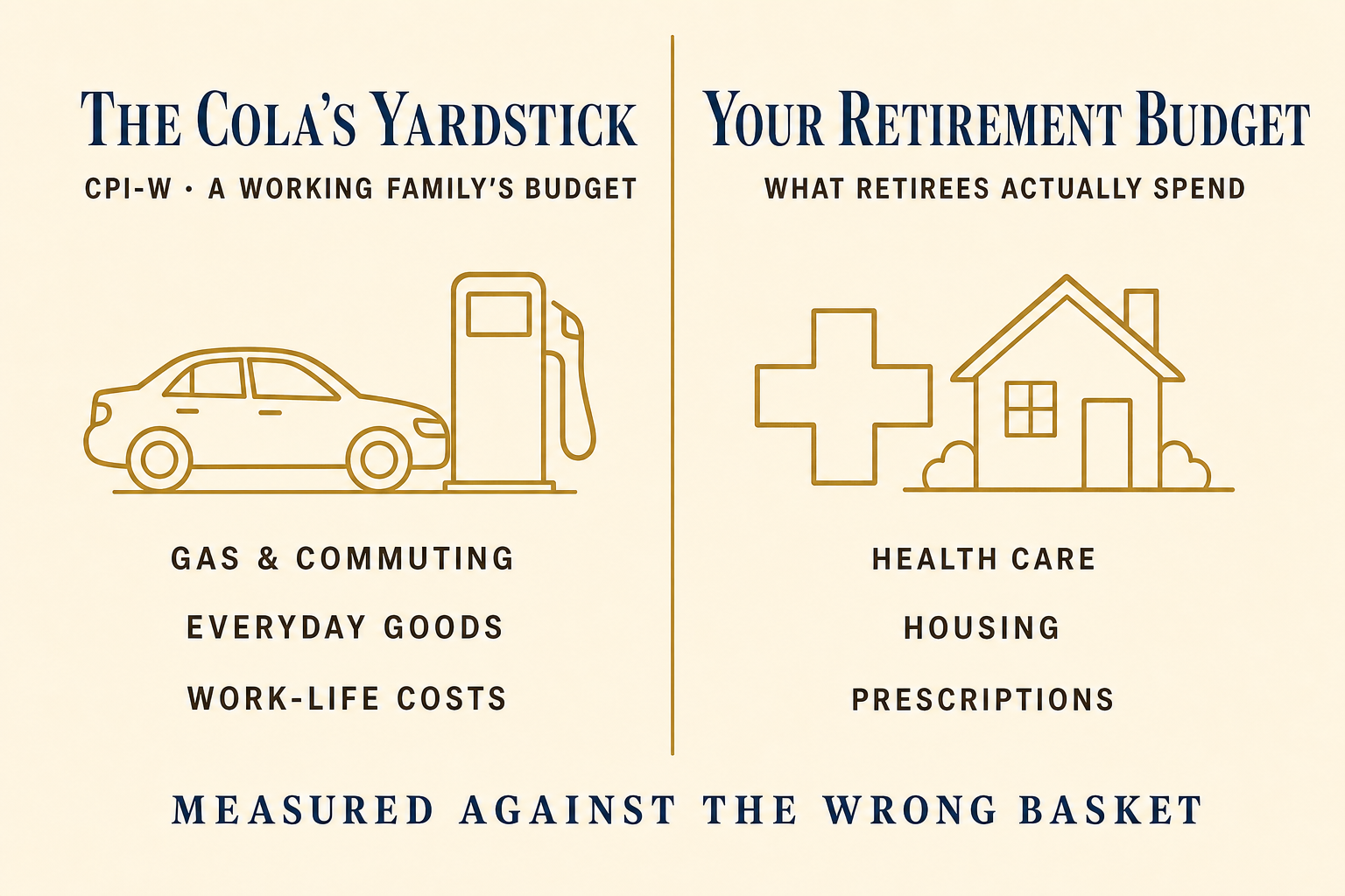 How the Social Security COLA Works — and Why It Lags 2 Side-by-side comparison showing the COLA is measured by CPI-W, a working-family budget weighted toward gas and commuting, versus a retiree budget weighted toward health care and housing.