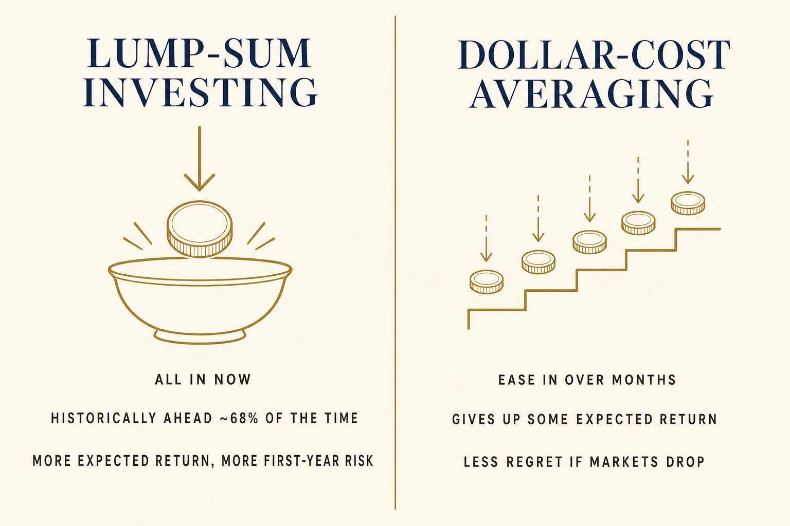 Comparison graphic contrasting lump-sum investing with dollar-cost averaging: all in now versus easing in over months, and the tradeoff between expected return and regret.