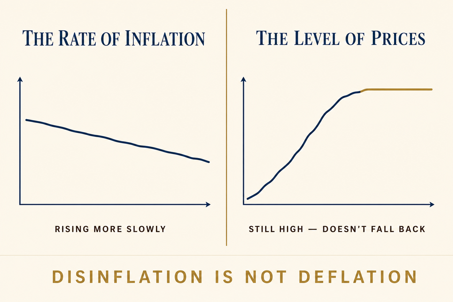 One Good Inflation Report Isn't the All-Clear 2 Two charts side by side: the falling rate of inflation on the left, the still-high level of prices on the right, captioned disinflation is not deflation