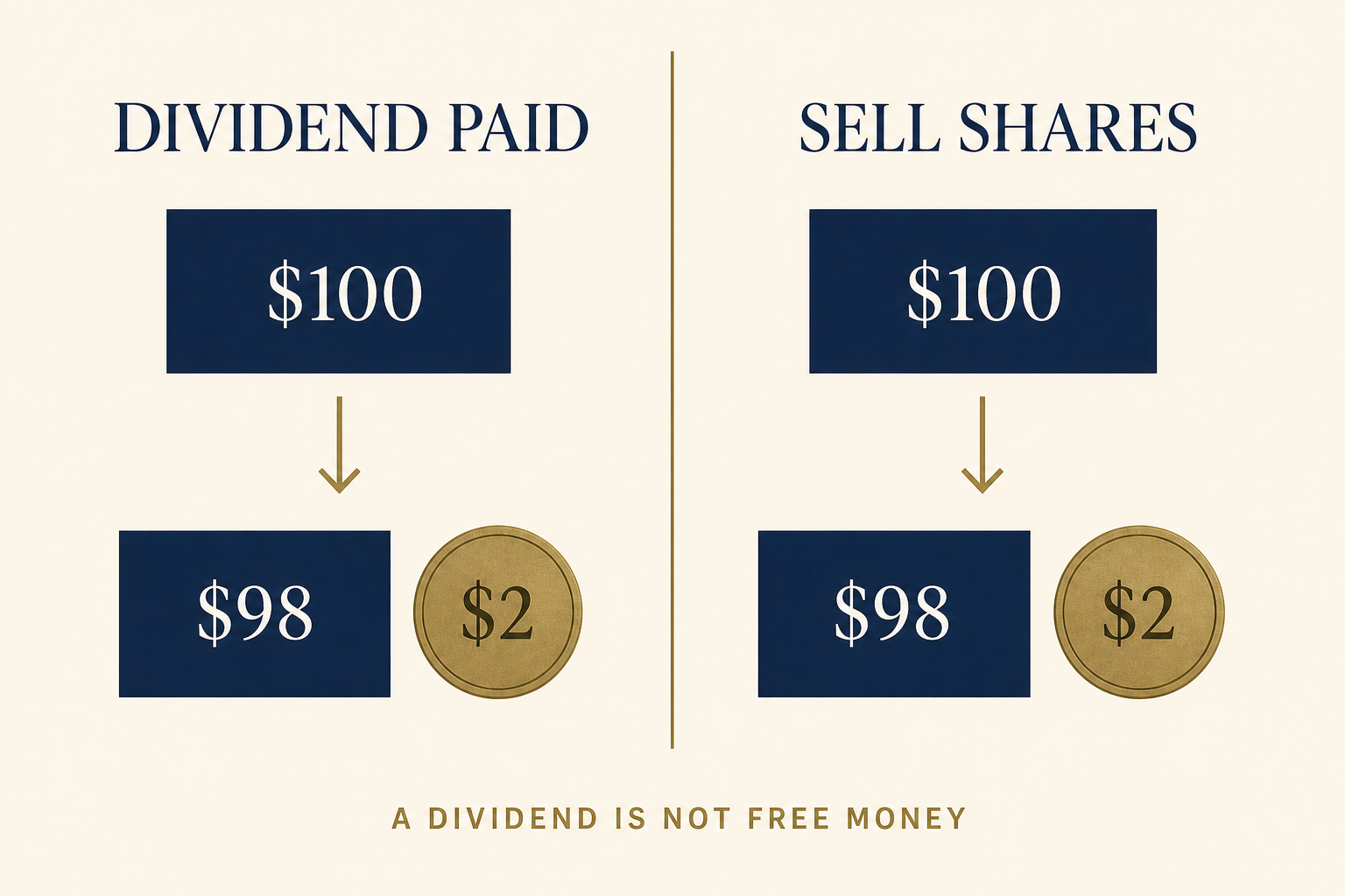 Dividends Aren't Free Money: What a Dividend Really Is 2 Side-by-side comparison showing a 100 dollar share becomes 98 dollars in stock plus 2 dollars in cash whether a dividend is paid or shares are sold