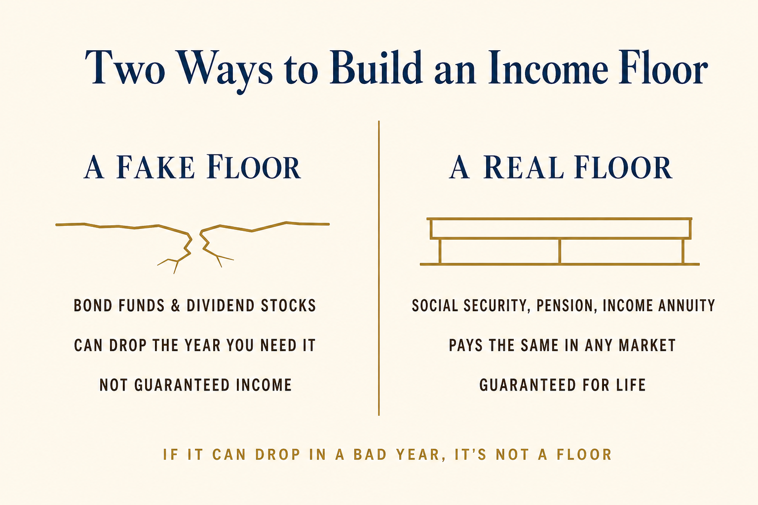 The 5 Mistakes That Quietly Break a Bucket Plan 2 Comparison: a fake income floor built from bond funds and dividend stocks that can drop, versus a real income floor from Social Security, a pension, and an income annuity that pays the same in any market