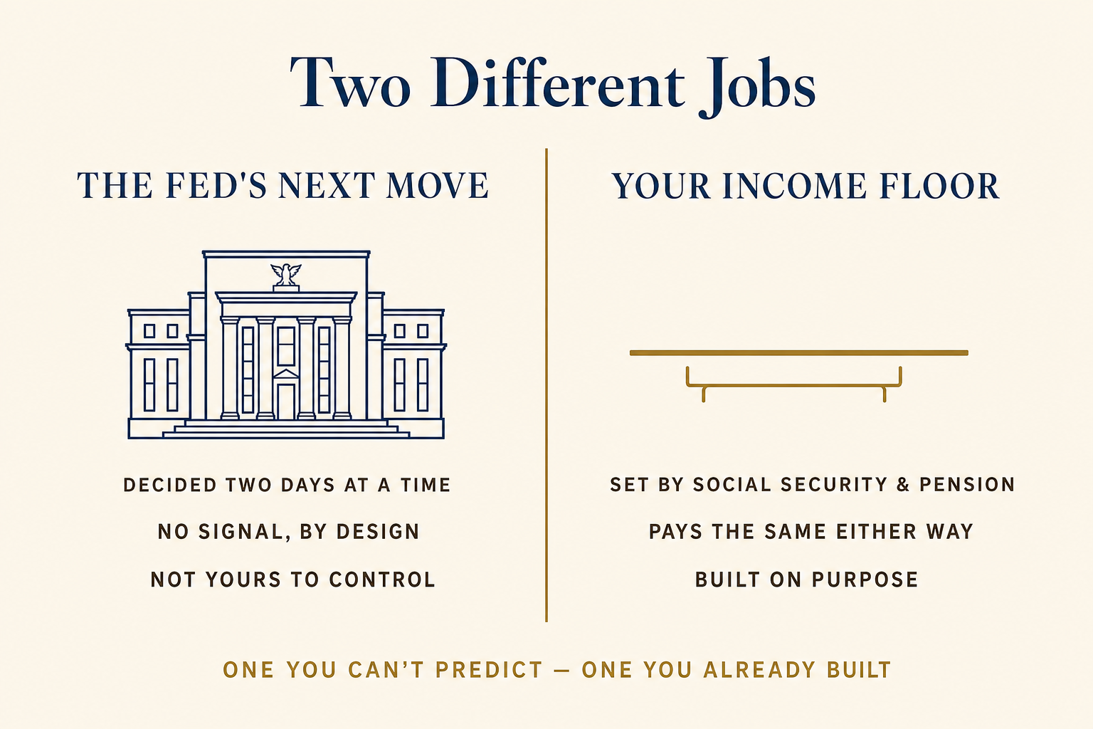 The Fed Meets This Week. Your Plan Shouldn't Flinch. 2 Comparison graphic titled Two Different Jobs contrasting the Fed's next move with your guaranteed income floor set by Social Security and pension
