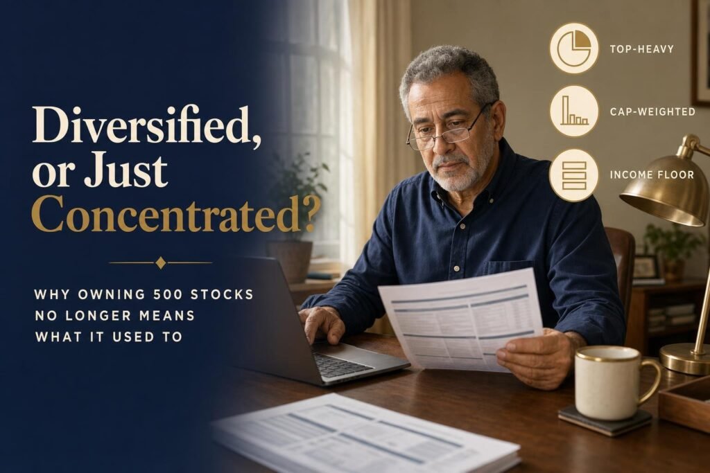 Editorial title card reading Diversified, or Just Concentrated beside a man in his early 60s reviewing a fund holdings statement at a home-office desk