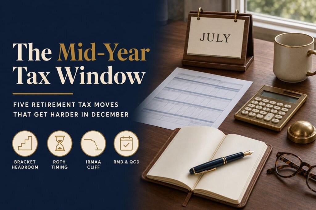Mid-Year Tax Planning for Retirees: Act Before December 1 Editorial title card reading The Mid-Year Tax Window over a warm desk with a July calendar, a tax worksheet, a brass calculator, and an open notebook, previewing five retirement tax moves that get harder in December.