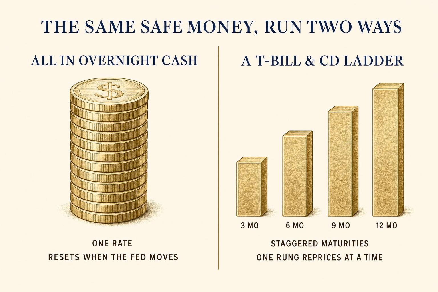 Cash Is Finally Paying — What That Means for Your Now Bucket 2 Two-column comparison: all Now-bucket cash in one overnight account that resets when the Fed moves, versus a staggered T-bill and CD ladder where only one rung reprices at a time