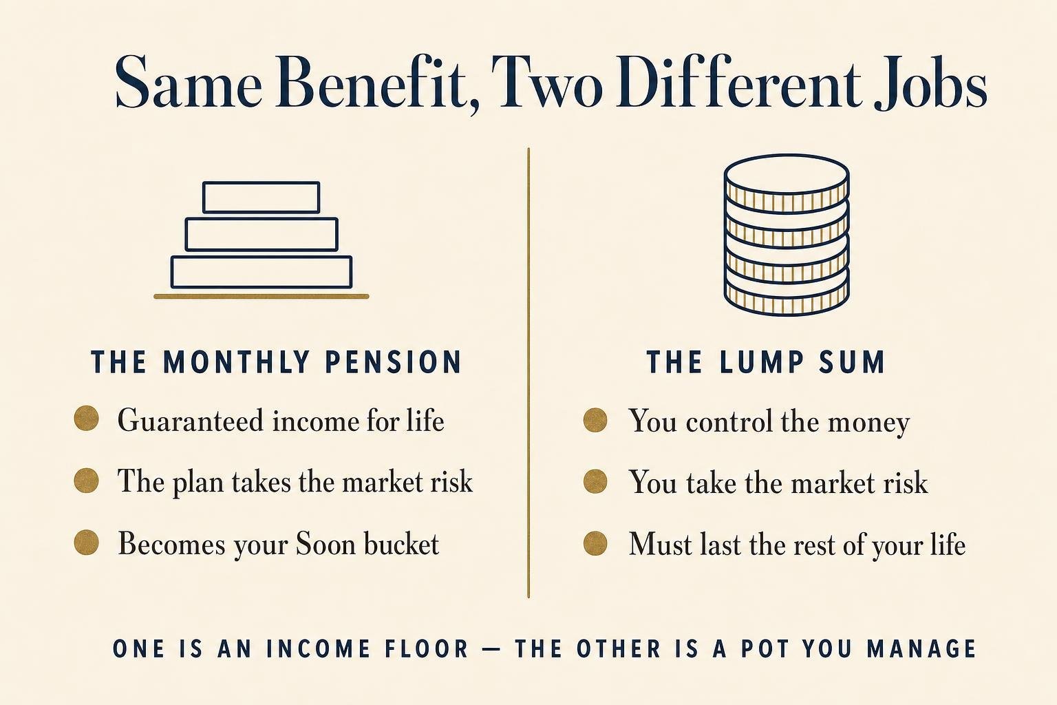 Pension Lump Sum vs. Annuity: How to Actually Decide 2 Comparison of the monthly pension versus the lump sum: guaranteed income for life and the plan takes the market risk, versus you control the money and you take the market risk.