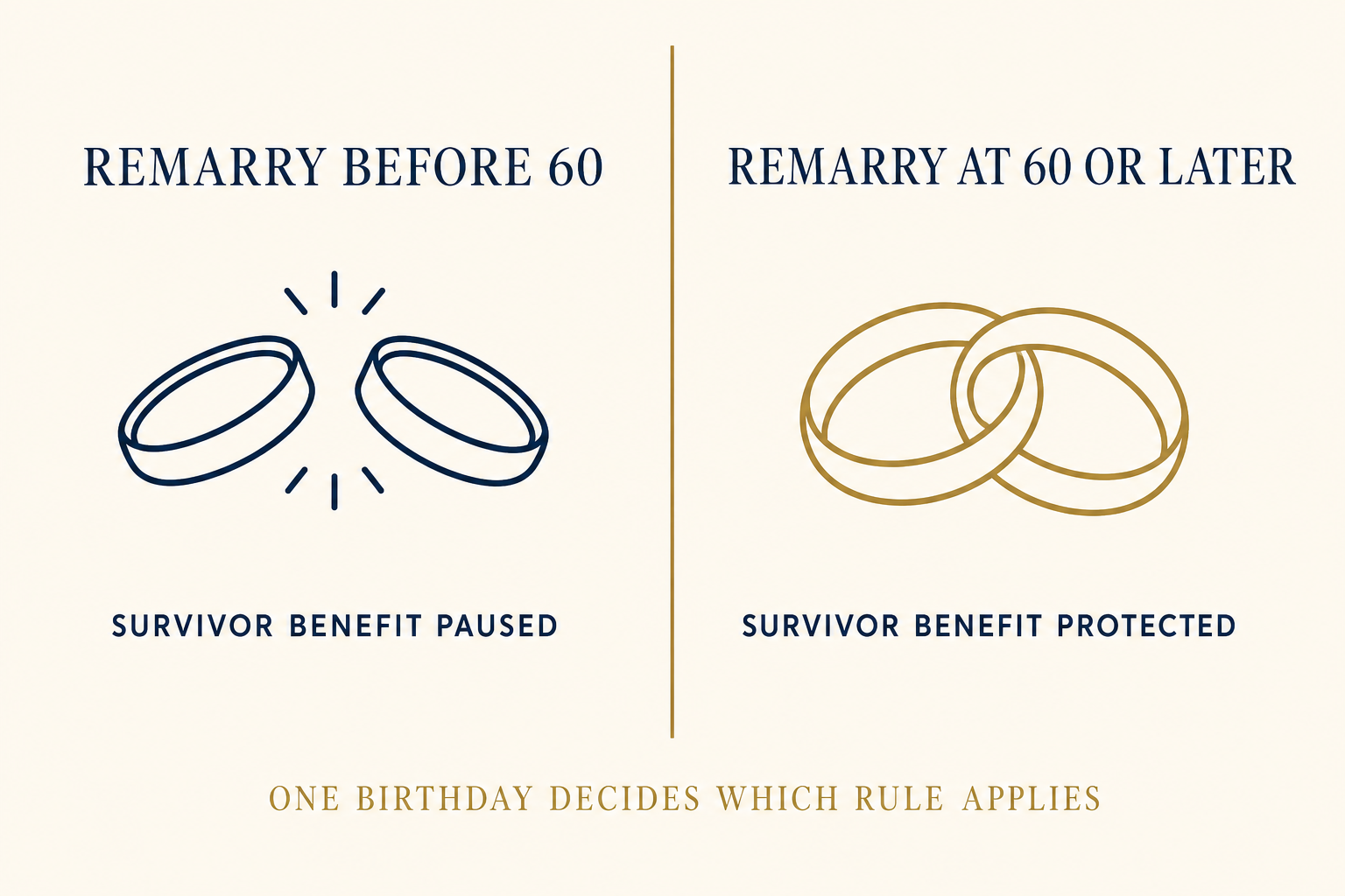 How Remarriage Affects Your Social Security Benefits 2 Comparison showing that remarrying before age 60 pauses a Social Security survivor benefit while remarrying at 60 or later keeps it protected