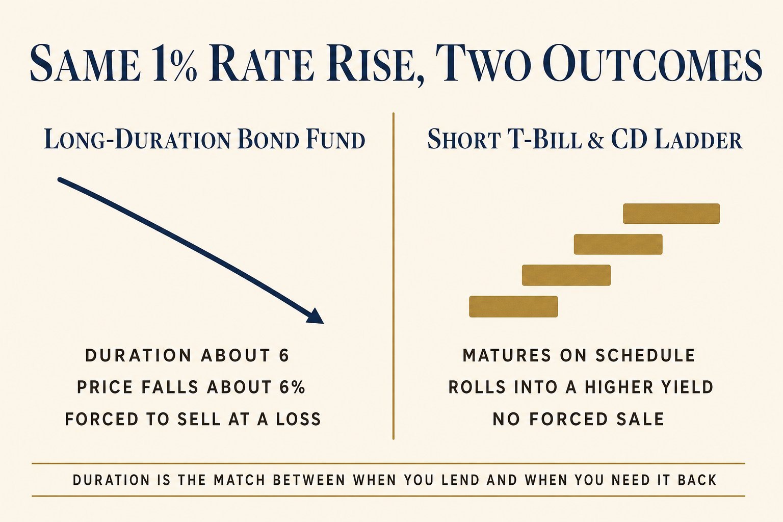 Comparison infographic titled Same 1% Rate Rise, Two Outcomes: a long-duration bond fund falls about 6% and forces a sale at a loss, while a short T-bill and CD ladder matures on schedule and rolls into a higher yield.