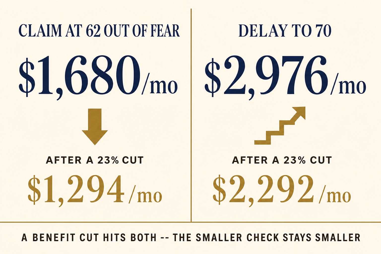 Will Social Security Be There? What 2033 Really Means 2 Comparison showing a Social Security benefit claimed at 62 is about $1,680 a month versus $2,976 at 70, and a projected 23 percent cut reduces both to $1,294 and $2,292, so the larger check stays larger