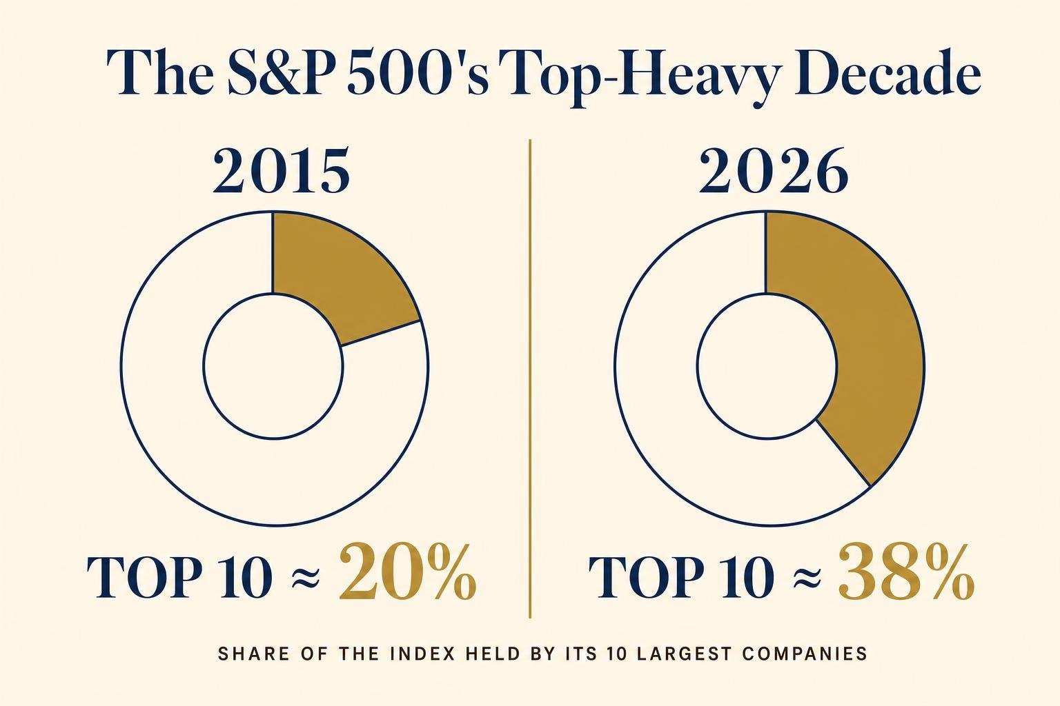 Two donut charts comparing S&P 500 top-10 concentration: about 20 percent in 2015 versus about 38 percent in 2026