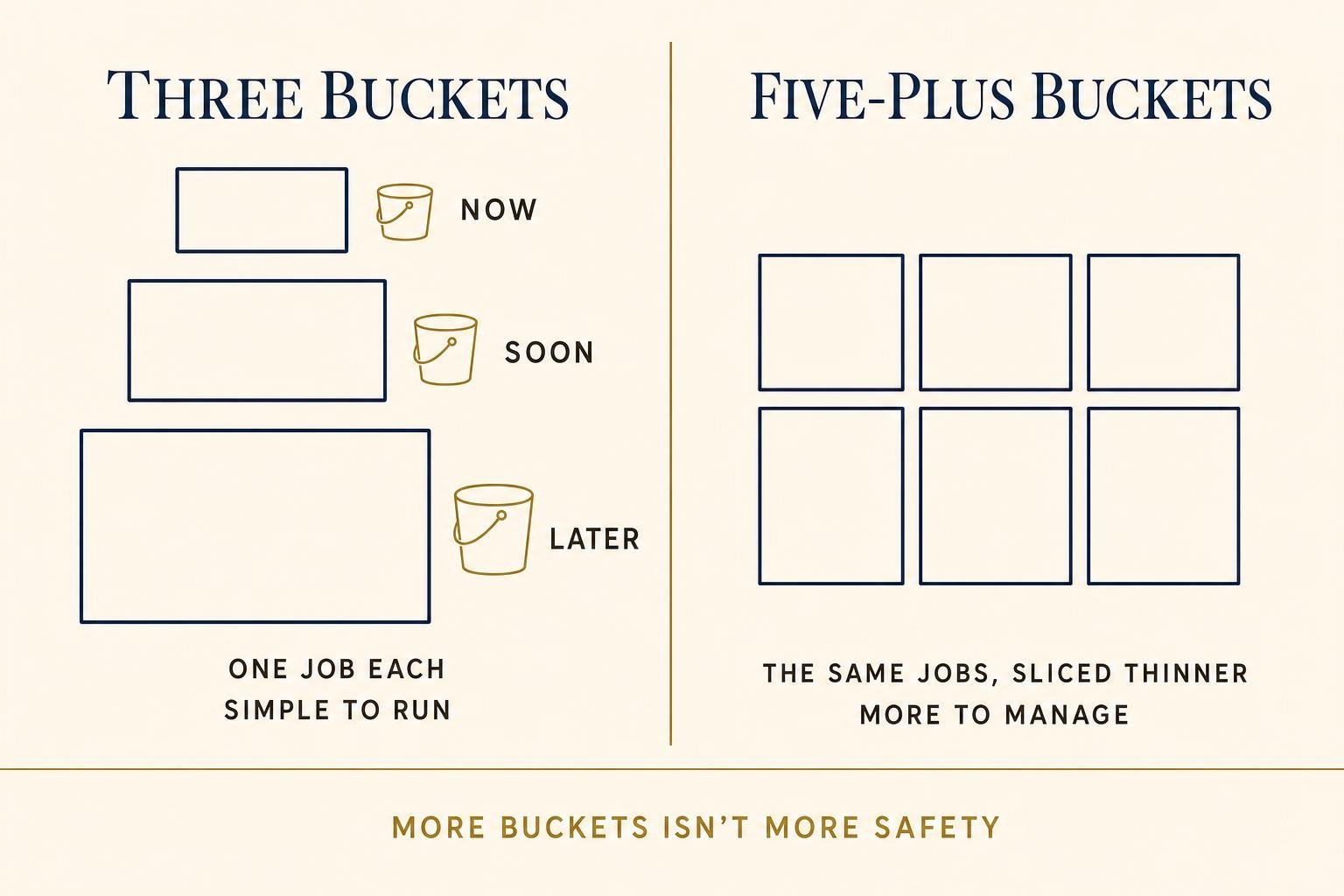 Two-column comparison contrasting a simple three-bucket retirement plan of Now, Soon and Later with one job each against a busier five-plus-bucket plan that slices the same jobs thinner and adds more to manage