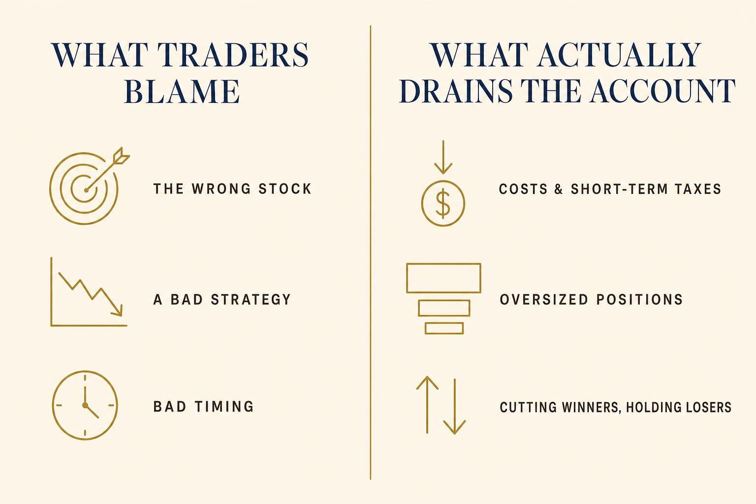 Two-column comparison: what traders blame for losses versus what actually drains a trading account — costs and taxes, oversized positions, and cutting winners while holding losers.