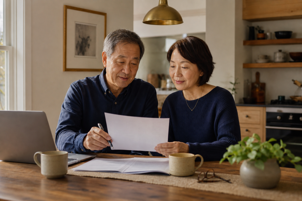 The 0% Capital Gains Bracket Most Retirees Walk Past 1 An East Asian couple in their early 60s reviewing a brokerage statement together at their kitchen table while planning retirement taxes.