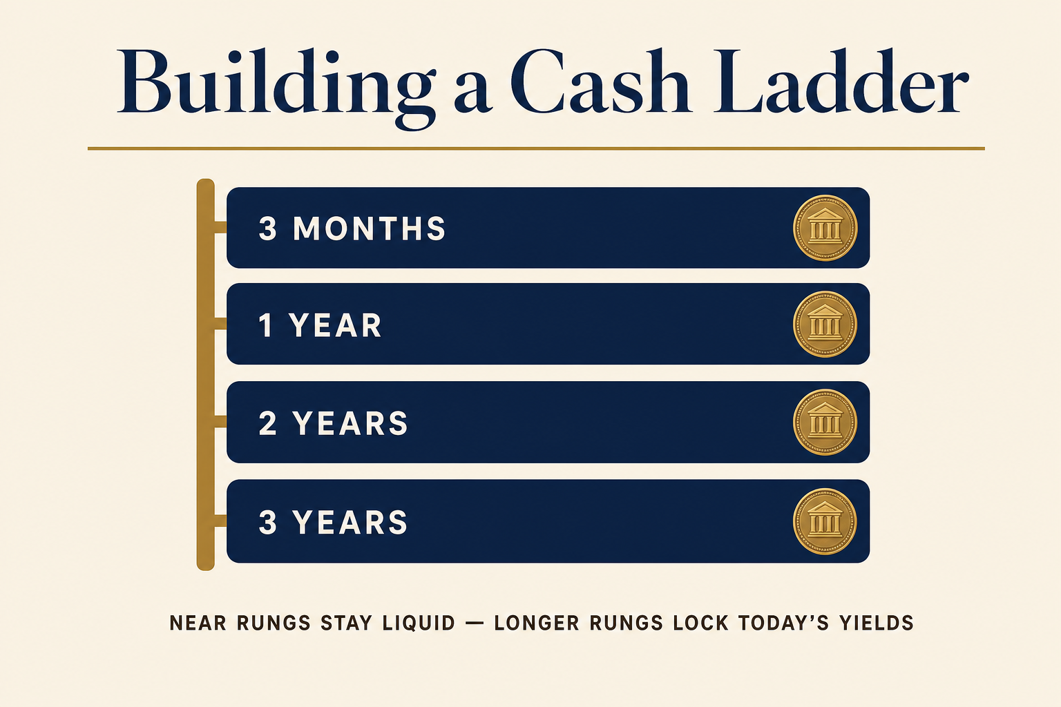 The Fed Is About to Change the Deal on Your Cash 2 A cash ladder diagram with four navy rungs labeled 3 months, 1 year, 2 years, and 3 years, showing staggered maturities for a retiree's safe money