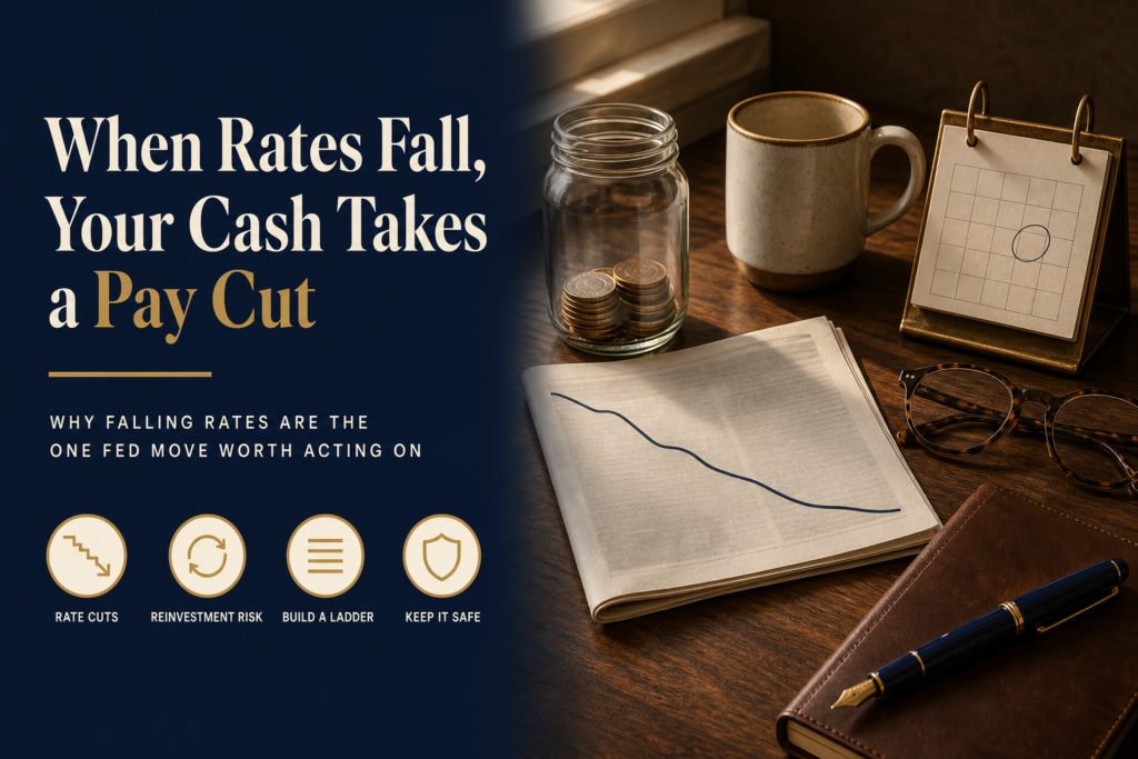 The Fed Is About to Change the Deal on Your Cash 1 A navy title card reading When Rates Fall, Your Cash Takes a Pay Cut beside a warm desk still-life with a jar of coins, a folded newspaper showing a downward line, a mug, a desk calendar, and reading glasses