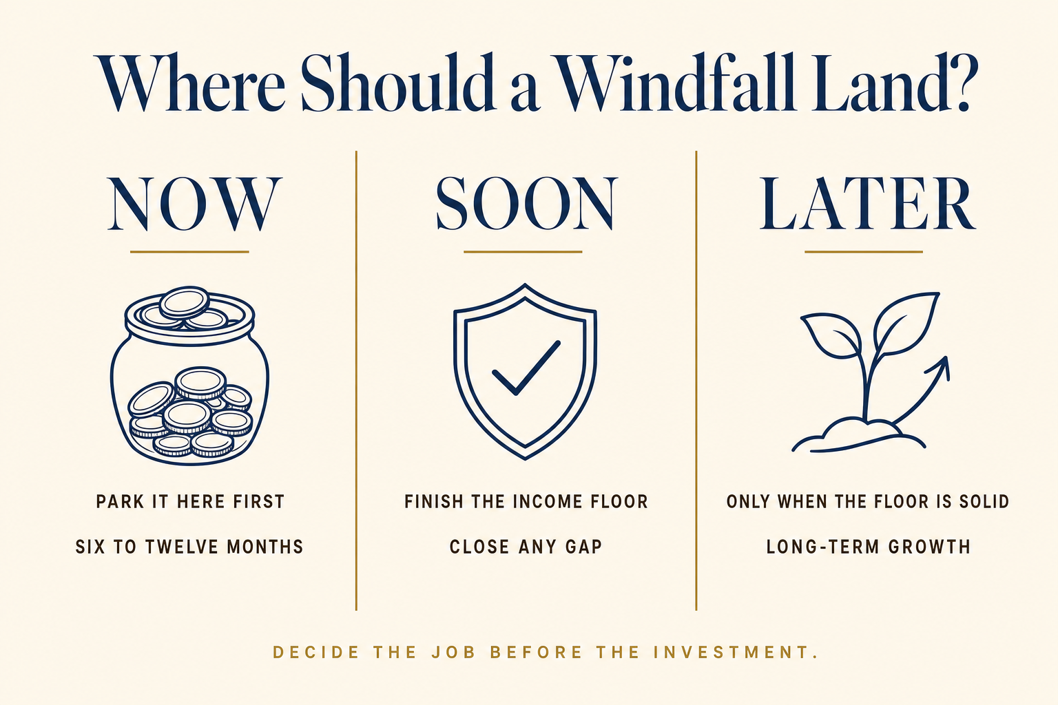 You Got a Windfall. Which Bucket Does It Go In? 2 A three-column guide showing where a financial windfall should go: the Now bucket first for six to twelve months, the Soon bucket to finish the income floor, then the Later bucket for long-term growth.