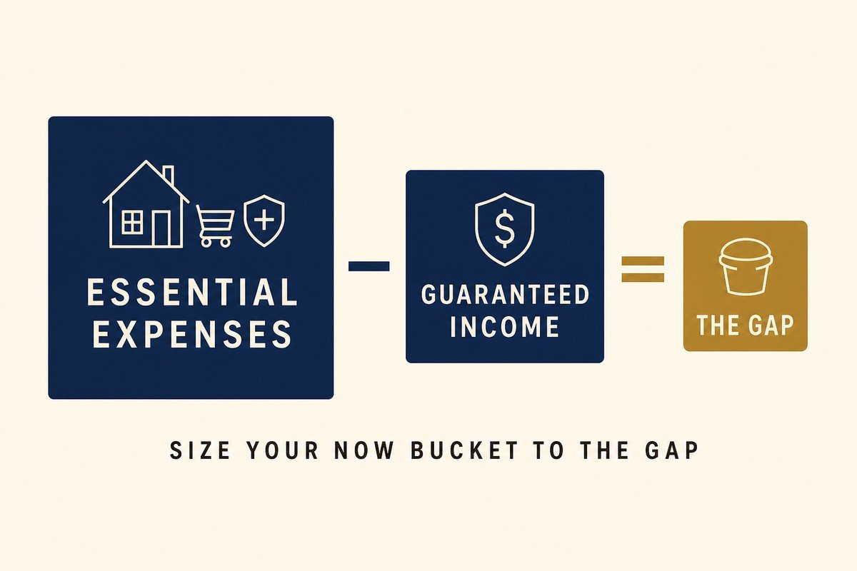 How Much Cash Should Your 'Now' Bucket Really Hold? 2 A calculation showing the Now bucket sized to the gap between essential expenses and guaranteed income, rather than to total spending