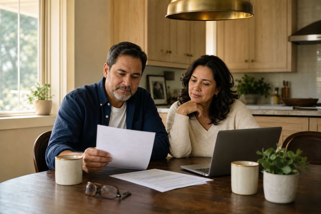 A Latino couple in their early 50s at a kitchen table weighing a college tuition letter against a retirement account statement on a laptop