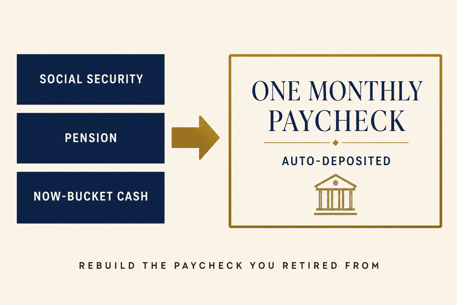 The Retirement Paycheck: How to Pay Yourself From Your Buckets 2 A diagram showing three income sources - Social Security, a pension, and cash from the Now bucket - combining through an arrow into one monthly paycheck that is auto-deposited into a checking account.