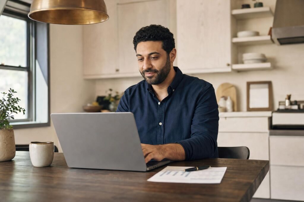 Your Savings Rate Beats Your Returns (For Now) 1 A man in his thirties reviews his monthly budget and savings on a laptop at his kitchen table