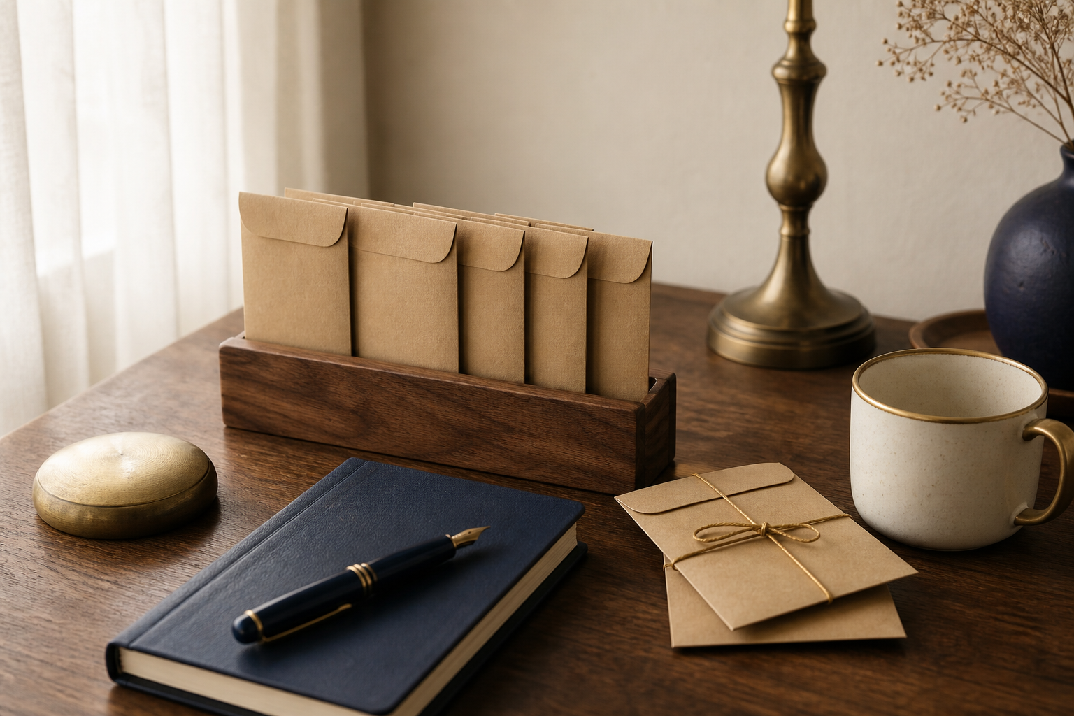 Kraft pay envelopes in a wooden holder with two set aside and tied in brass string, beside a navy notebook and brass pen