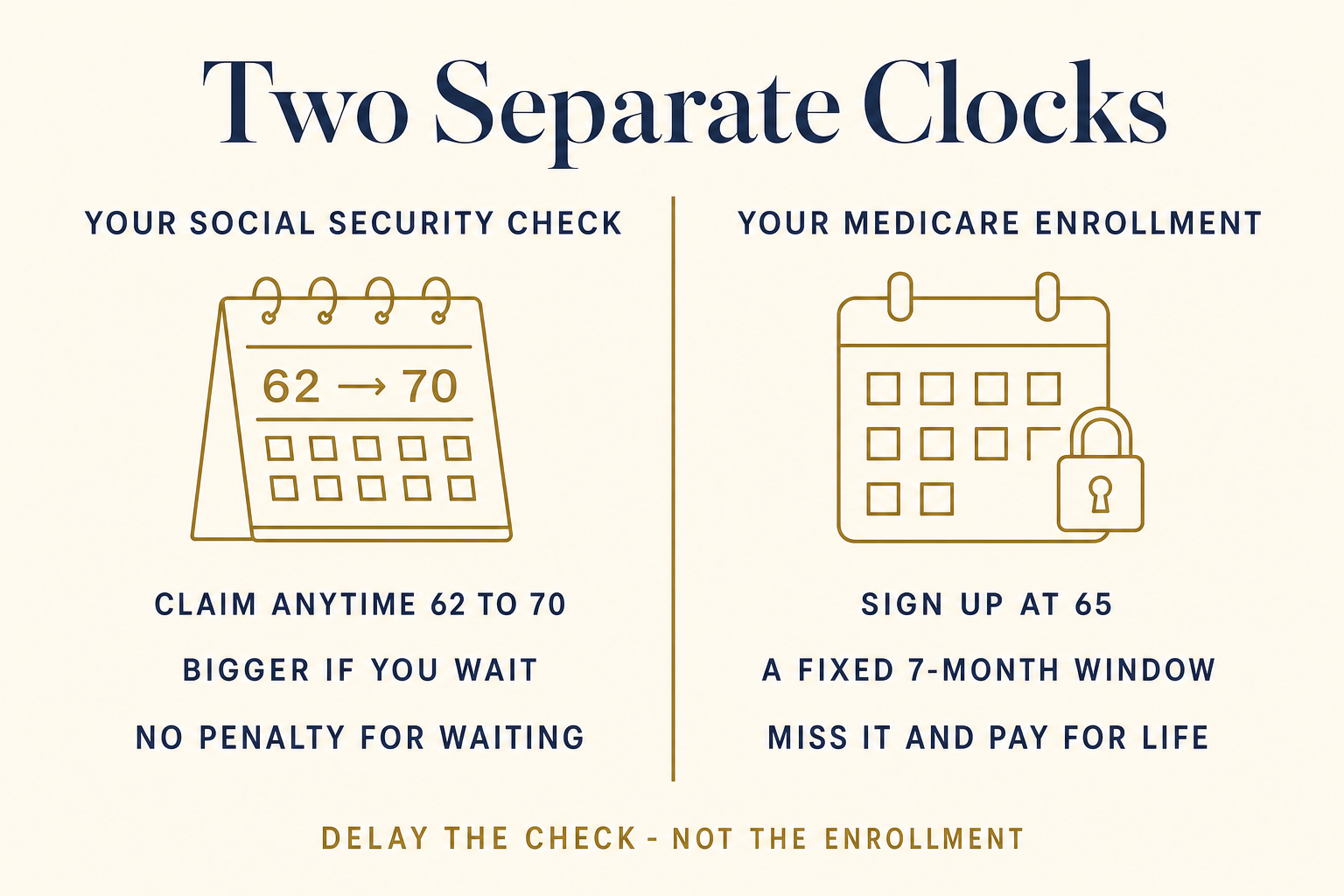 Delaying Social Security Doesn't Delay Medicare 2 Two-column comparison: the Social Security check can be claimed anytime from 62 to 70 with no penalty for waiting, while Medicare enrollment has a fixed seven-month window at 65 and a lifetime penalty for missing it.