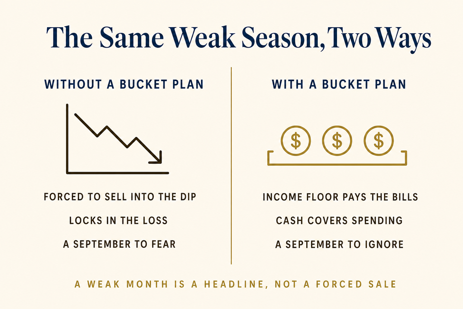 Stock Market Seasonality: The Worst Two Months Start Now 2 Two-panel comparison showing the same weak market season handled two ways: without a bucket structure, forced to sell into the dip; with a bucket structure, the income floor pays the bills and nothing is sold