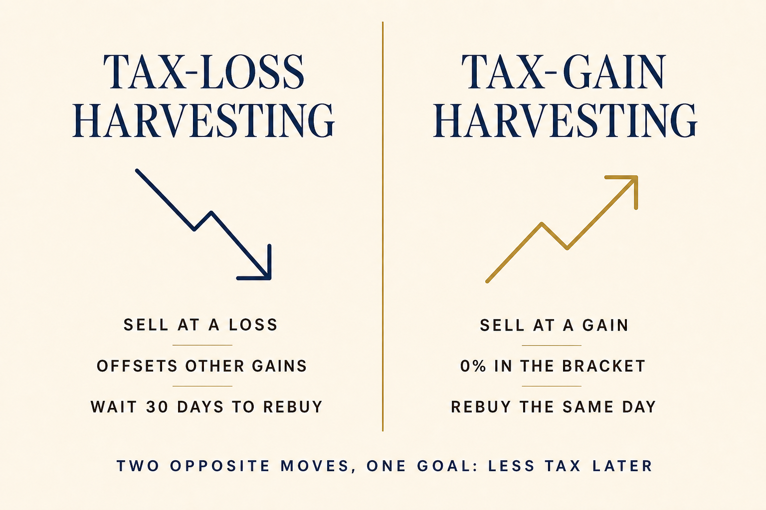 The 0% Capital Gains Bracket Most Retirees Walk Past 2 Comparison of tax-loss harvesting versus tax-gain harvesting: sell at a loss to offset gains and wait 30 days, versus sell at a gain at 0% and rebuy the same day.
