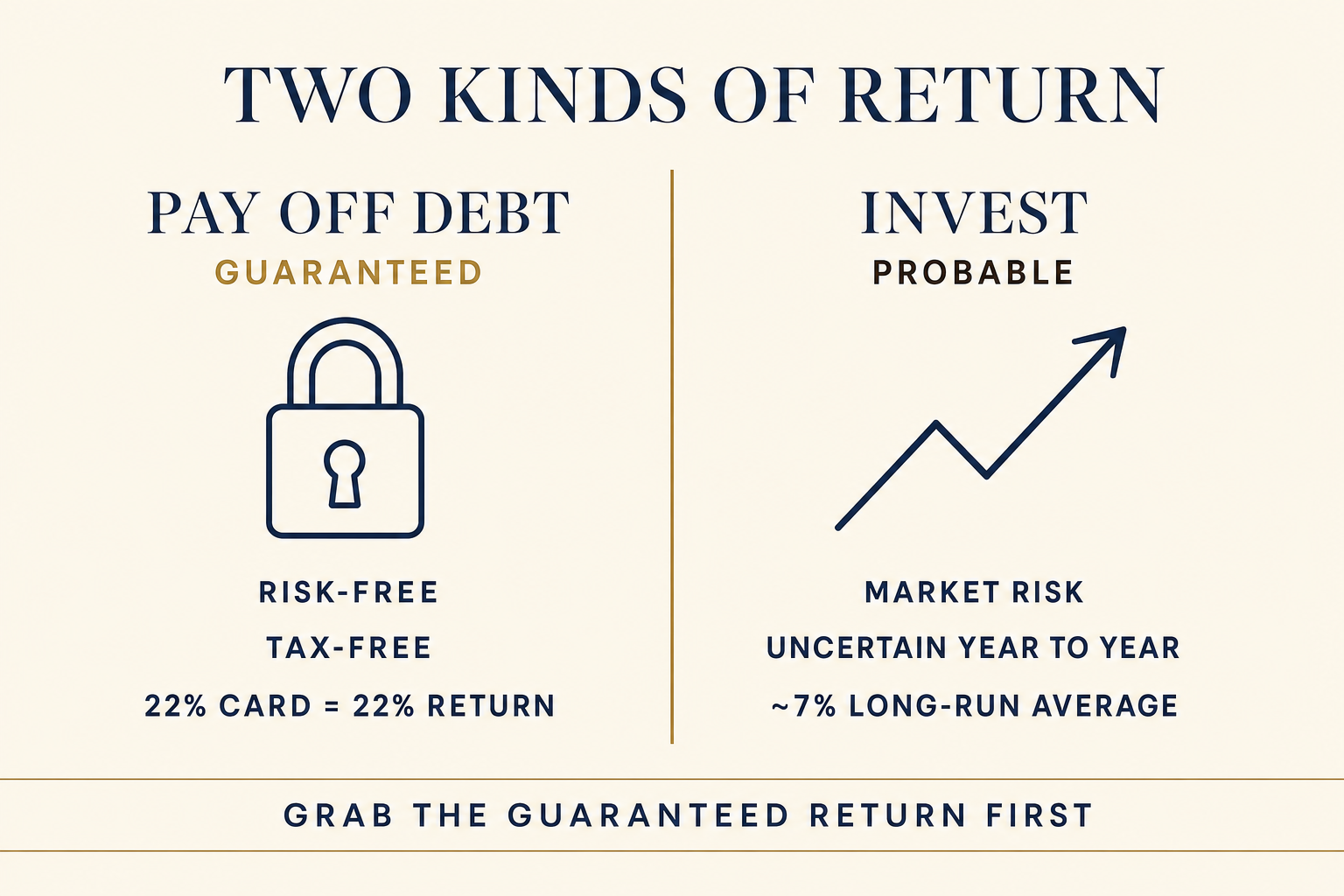 Pay Off Debt or Invest? The Order That Decides 2 Comparison graphic: paying off debt is a guaranteed, risk-free, tax-free return where a 22 percent card equals a 22 percent return, while investing offers a probable market-risk return averaging about 7 percent long run