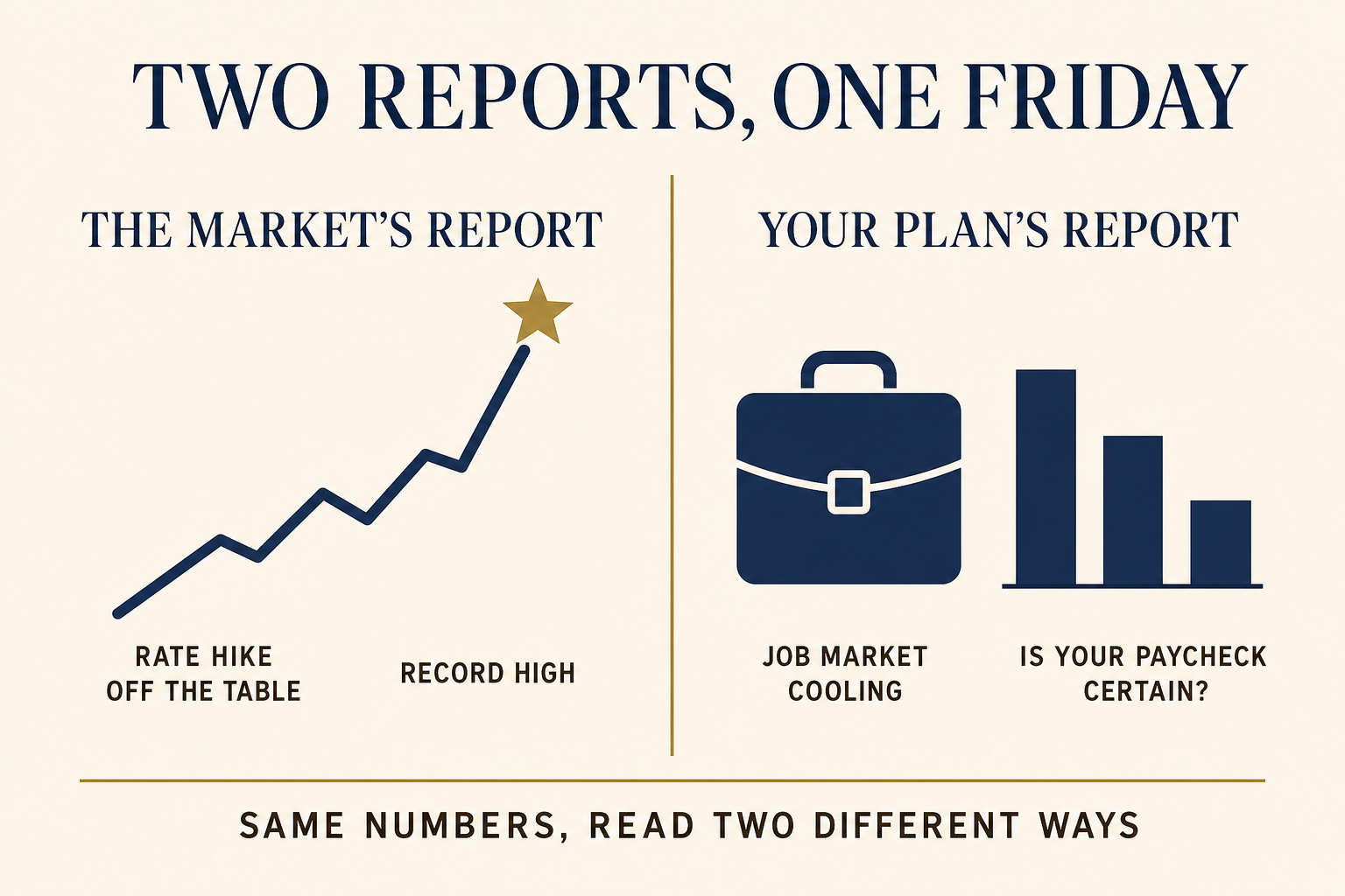 Bad News Is Good News: Why the Market Cheered Job Losses 2 Infographic titled Two Reports, One Friday comparing how the stock market and a household retirement plan each read the same July jobs report