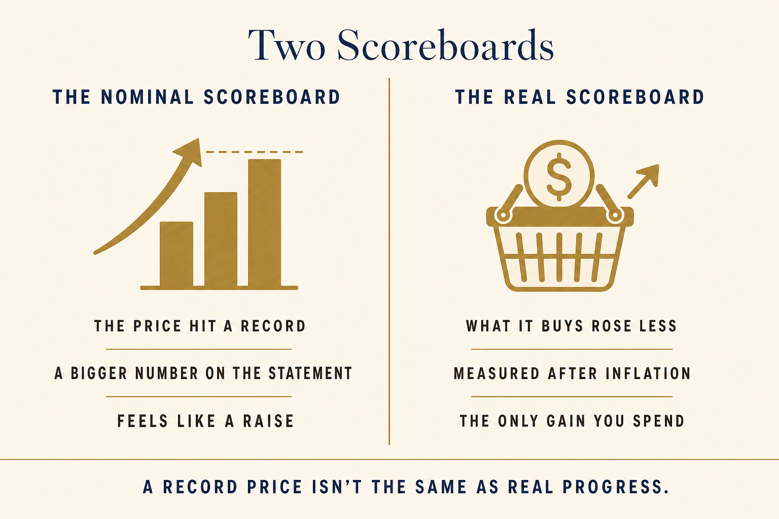 Record Highs and Real Returns: Are You Actually Ahead? 2 An editorial comparison titled Two Scoreboards, contrasting a nominal scoreboard where the price hit a record and feels like a raise against a real scoreboard measuring purchasing power after inflation, with the caption a record price isn't the same as real progress.