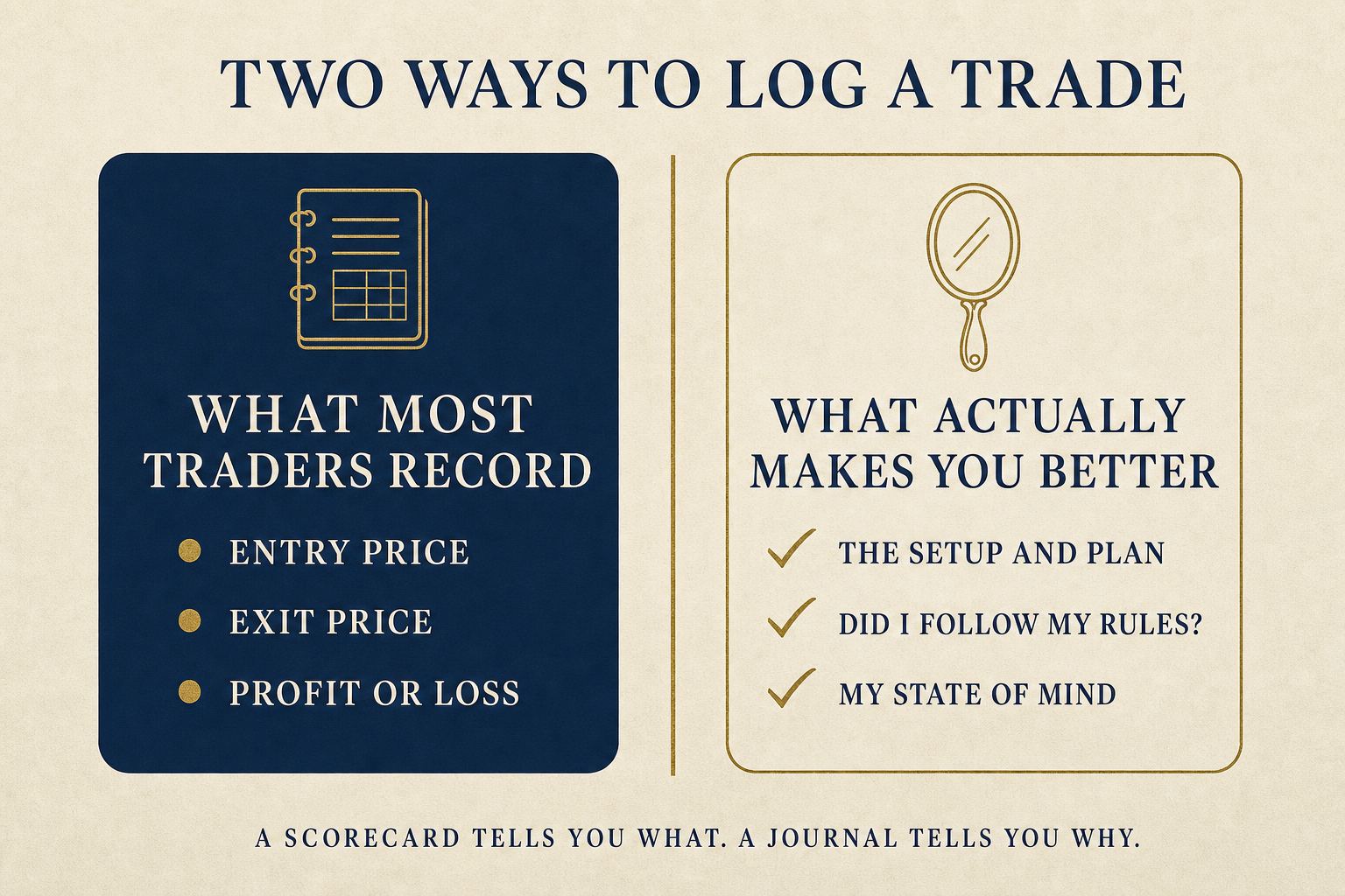 The Trading Journal: What to Track and Why Most Skip It 2 Comparison graphic titled Two Ways to Log a Trade: what most traders record (entry price, exit price, profit or loss) versus what actually makes you better (the setup and plan, did I follow my rules, my state of mind).