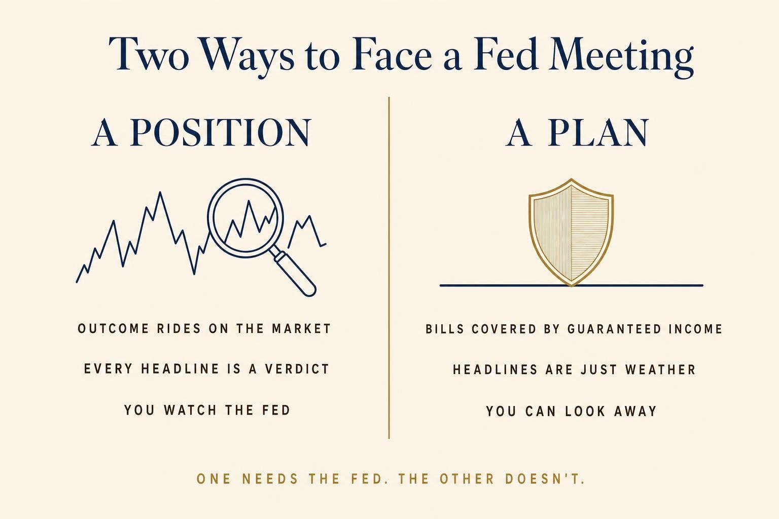 Two-column comparison titled Two Ways to Face a Fed Meeting contrasting A Position (outcome rides on the market) with A Plan (bills covered by guaranteed income)