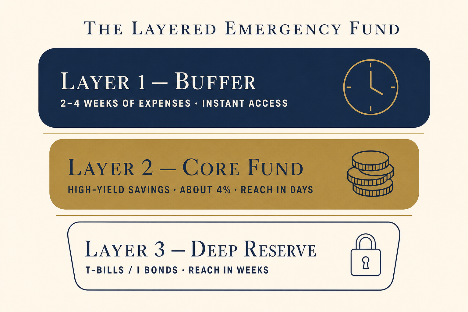 Your Emergency Fund Needs Three Layers, Not One 2 Diagram of a three-layer emergency fund: Layer 1 buffer for instant access, Layer 2 core fund in high-yield savings, Layer 3 deep reserve in T-bills or I bonds