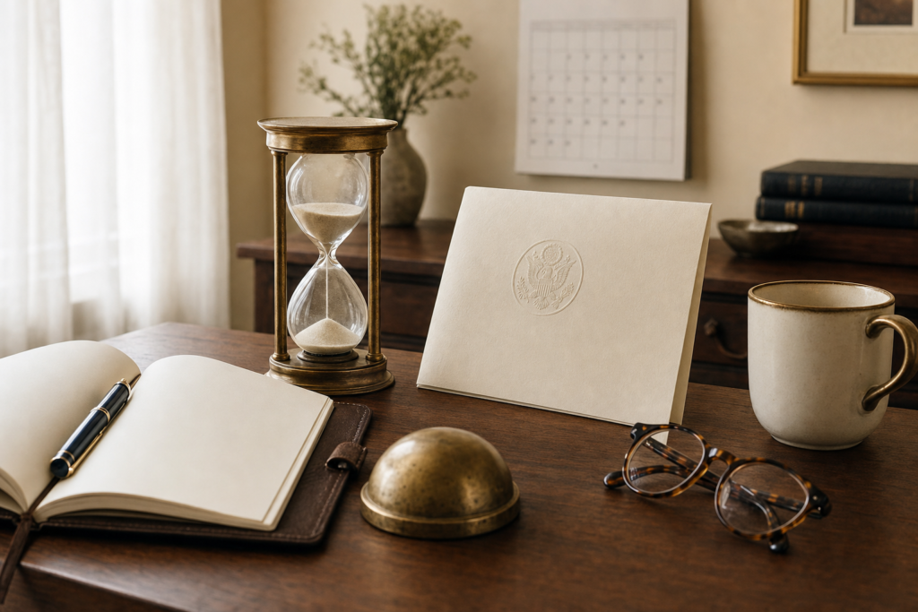 A vintage brass hourglass beside a folded government benefits statement on a warm wooden desk, representing the timing of a Social Security claim.