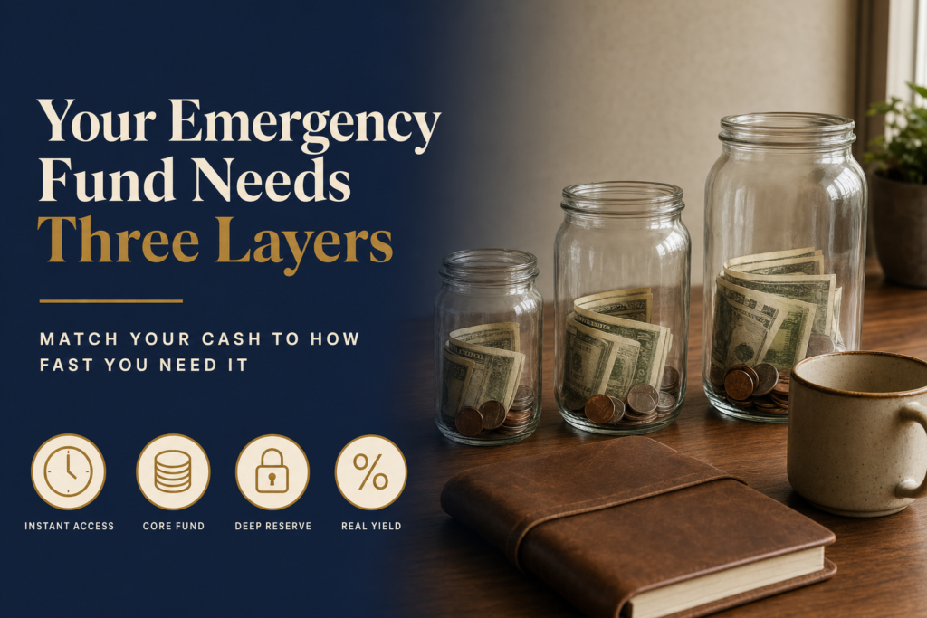 Your Emergency Fund Needs Three Layers, Not One 1 Three glass jars of increasing size holding cash and coins on a wooden desk, illustrating a layered emergency fund