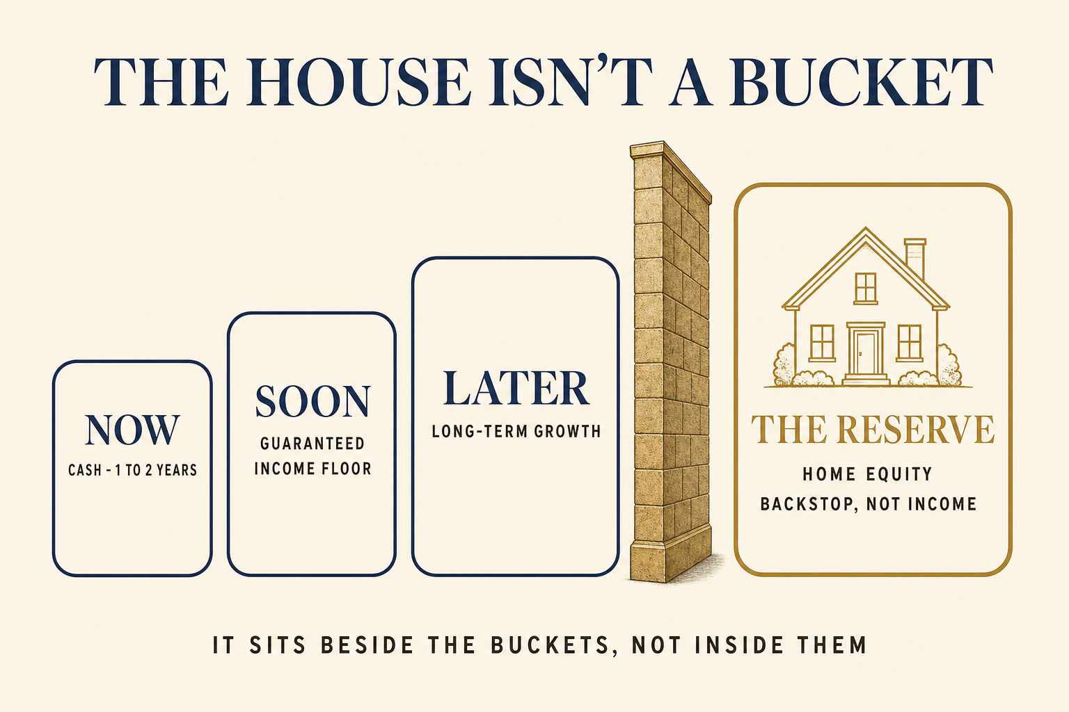 Where Home Equity Fits in a Retirement Bucket Plan 2 Diagram showing the Now, Soon, and Later retirement buckets separated by a wall from a home-equity Reserve, captioned It sits beside the buckets, not inside them.