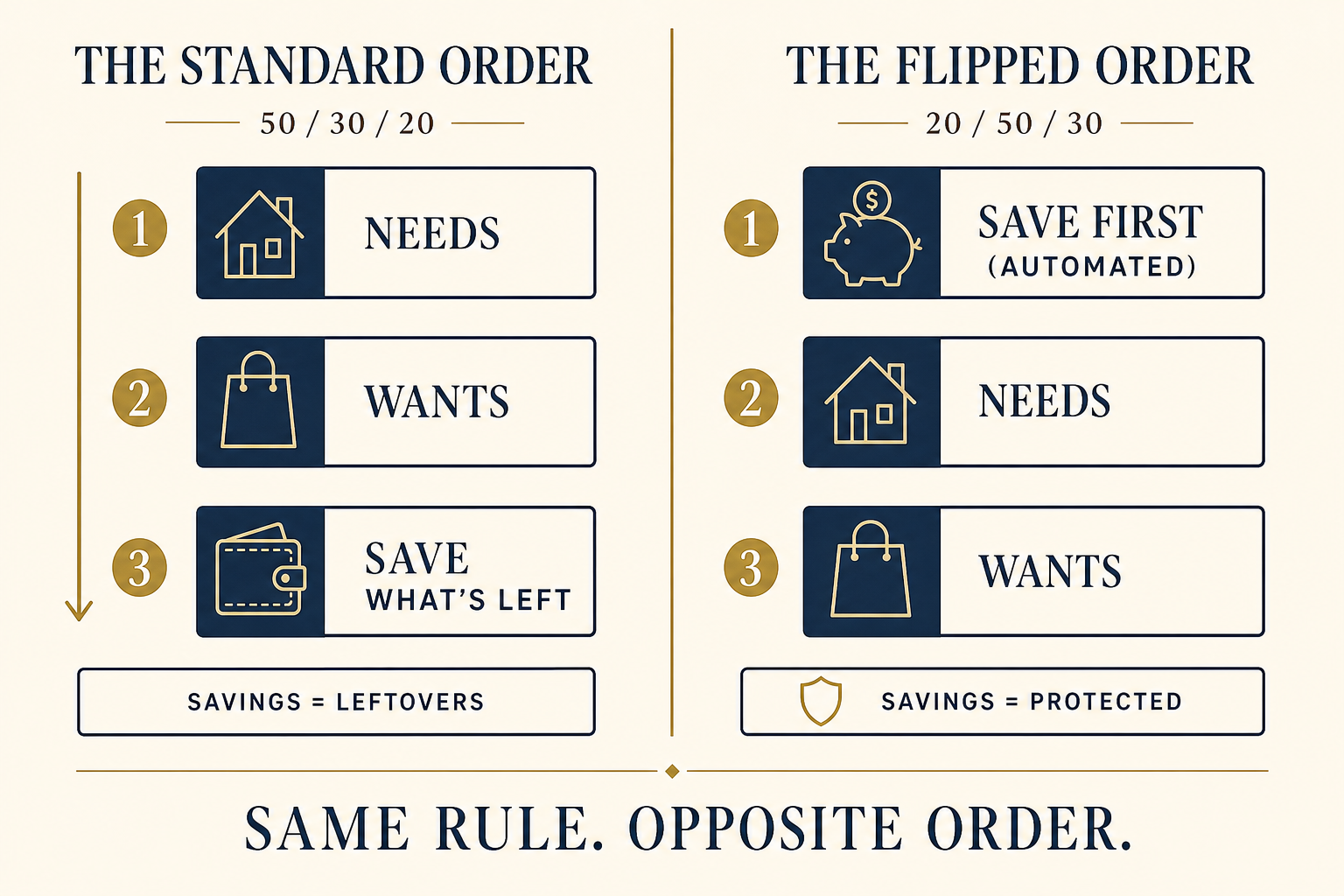 The 50/30/20 Rule Isn't Wrong. You're Using It Backward. 2 Two-column comparison, Same Rule Opposite Order: the standard 50/30/20 order saves what is left after needs and wants, while the flipped 20/50/30 order saves first automatically, then covers needs and wants