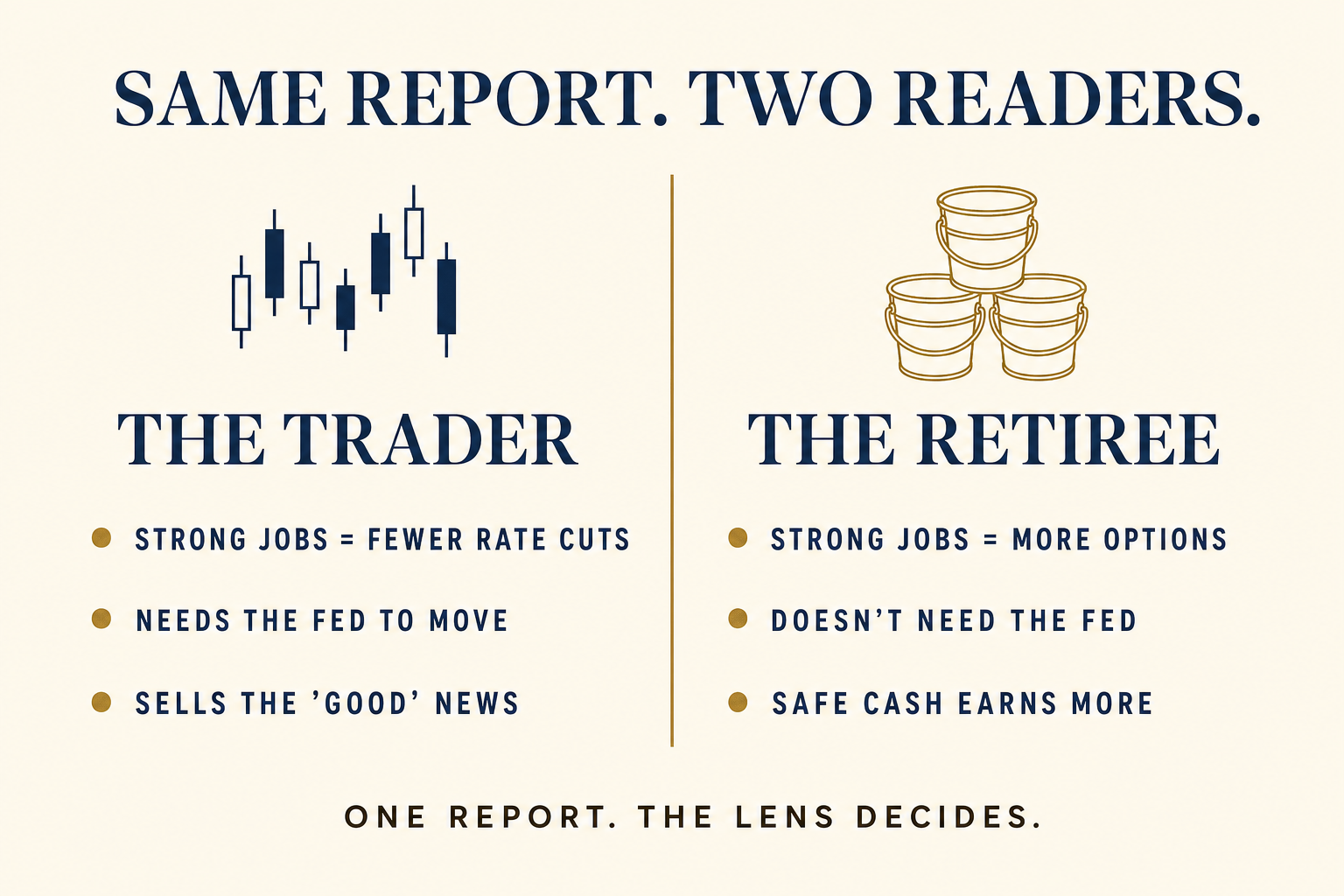 A Strong Jobs Report Is 'Bad News.' Not for Retirees. 2 Two-column comparison titled Same Report, Two Readers: the trader sees strong jobs as fewer rate cuts and sells the good news, while the retiree sees more options and safe cash earning more.