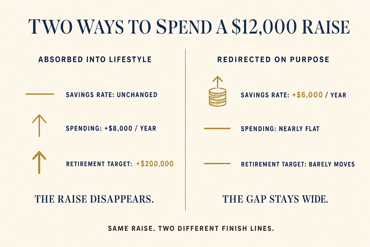 Lifestyle Creep: Why Your Raise Disappeared 2 Two-column comparison of a $12,000 raise: absorbed into lifestyle (savings unchanged, spending up $8,000 a year, retirement target up $200,000) versus redirected on purpose (savings up $6,000 a year, spending and retirement target barely move).
