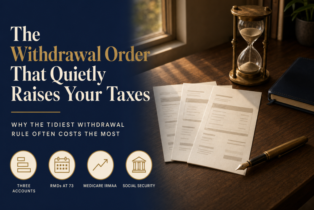The Retirement Withdrawal Order Most People Get Wrong 1 Editorial title card reading The Withdrawal Order That Quietly Raises Your Taxes, beside a desk still life with three account statements, a brass hourglass and a fountain pen, illustrating retirement withdrawal sequencing and its effect on RMDs, Medicare IRMAA and Social Security taxes.