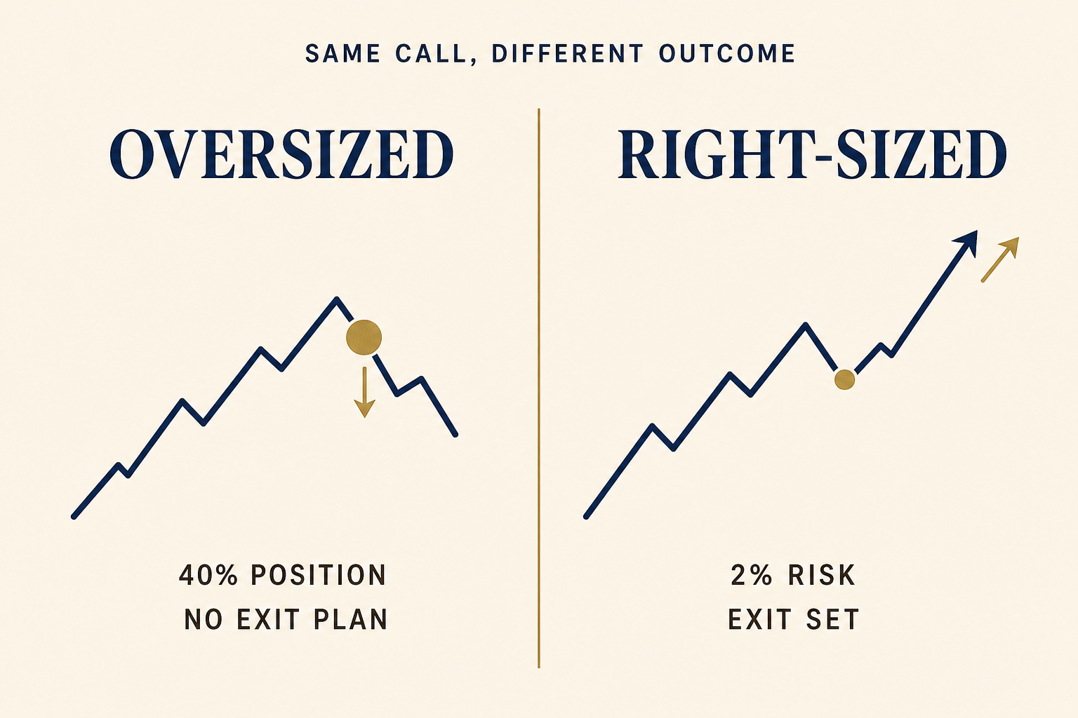 Being Right About the Market Won't Make You Money 2 Two-column comparison titled Same Call, Different Outcome: an oversized 40 percent position with no exit plan is shaken out, while a right-sized 2 percent risk with an exit set survives the dip and captures the move.
