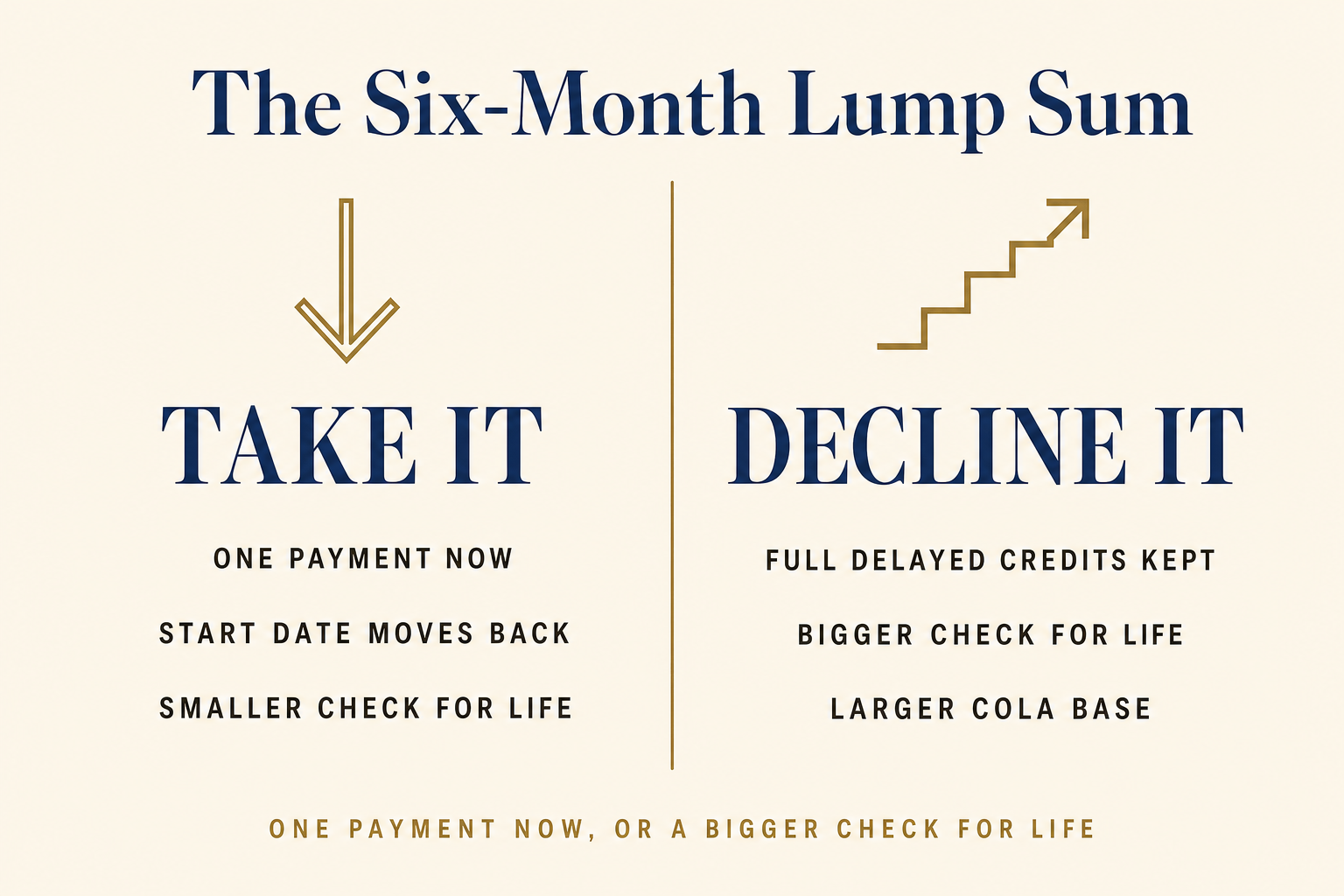 A side-by-side comparison of taking versus declining the six-month Social Security retroactive lump sum: taking it moves the start date back and shrinks the monthly check for life, while declining it keeps the full delayed credits, a bigger check, and a larger COLA base.
