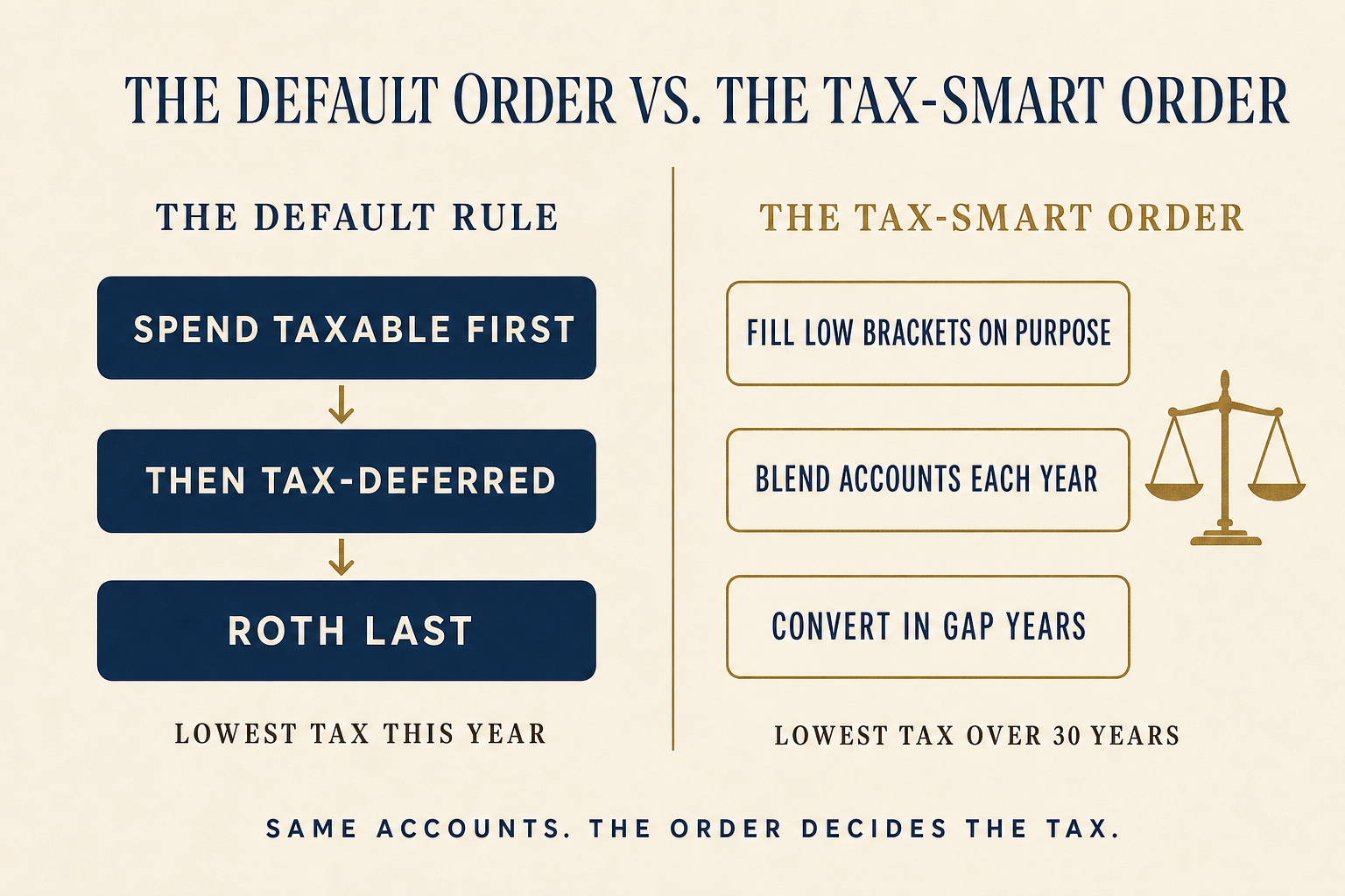 The Retirement Withdrawal Order Most People Get Wrong 2 Two-column comparison: the default withdrawal order of taxable first, tax-deferred, then Roth last, set against the tax-smart order of filling low brackets on purpose, blending accounts each year, and converting in gap years.