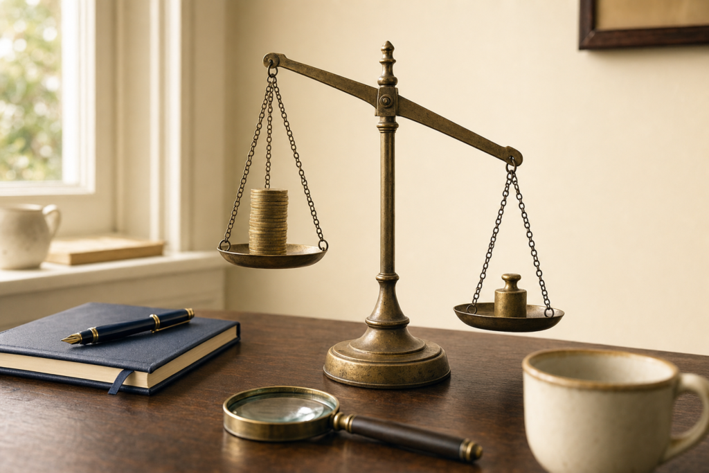 A brass balance scale on a wooden desk where a single small weight outweighs a tall stack of gold coins, illustrating how a small investment fee can outweigh returns